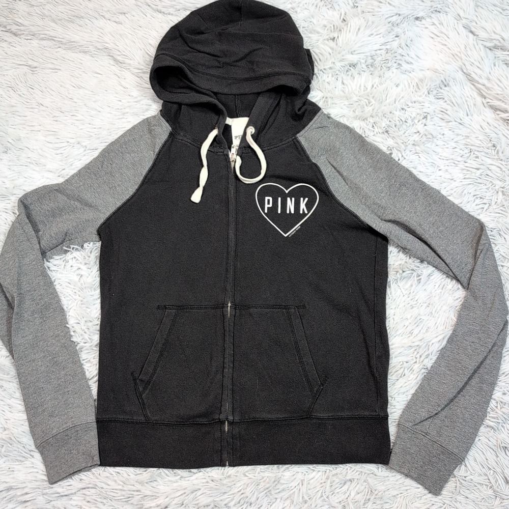 Pink Victoria's Secret Sweatshirt Womens S Gray Black Hoodie Pockets Zip Up